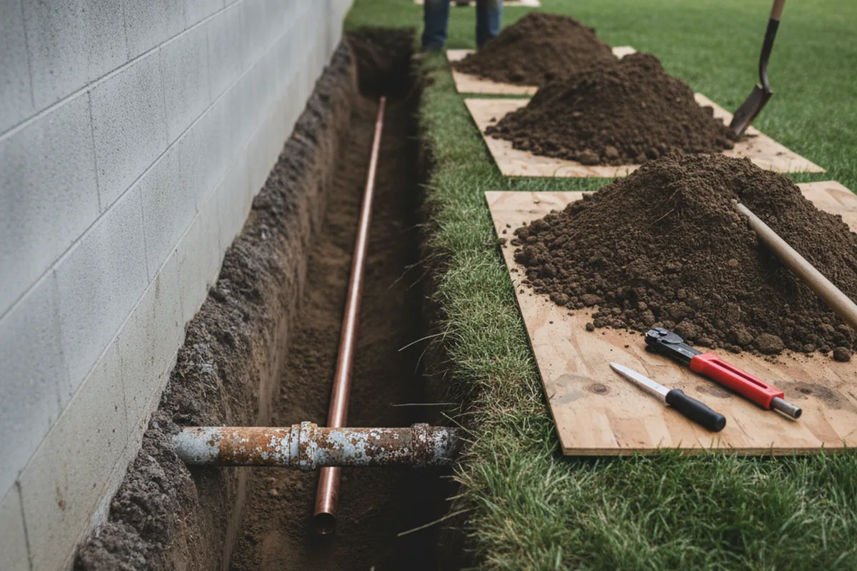 Excavated water line trench during Sewer Line Repair in Sebago
